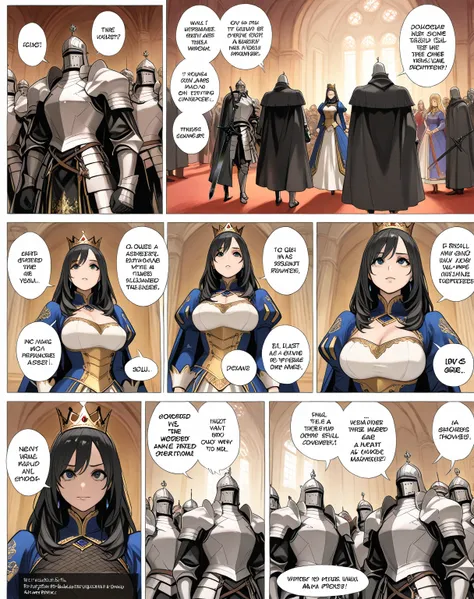 Amazing resolution,  high resolution, ( Masterpiece: 1.4),  super detailed, King and Queen ,  The royal family wearing magnificent royal costumes ,  knights with heavy armor ,  Town Girl Standing Looking Up At Them , King and Queen の笑む顔と町娘の後ろ姿,  black swor...