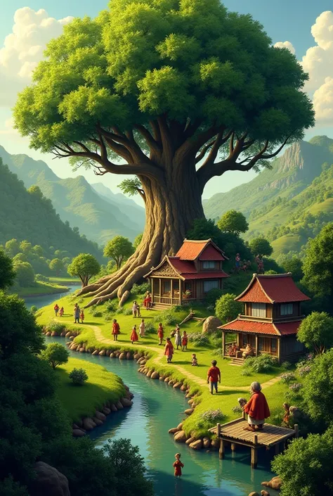 Image: A peaceful village  by lush greenery, with farmers, hunters, and traders working together. A river flows nearby, ren play, and elders sit under a great tree.
