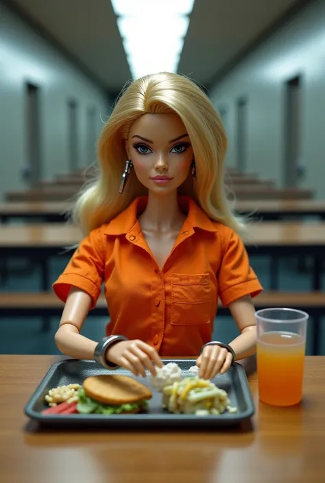 Barbie inmate in orange uniform eats food in the canteen with handcuffs