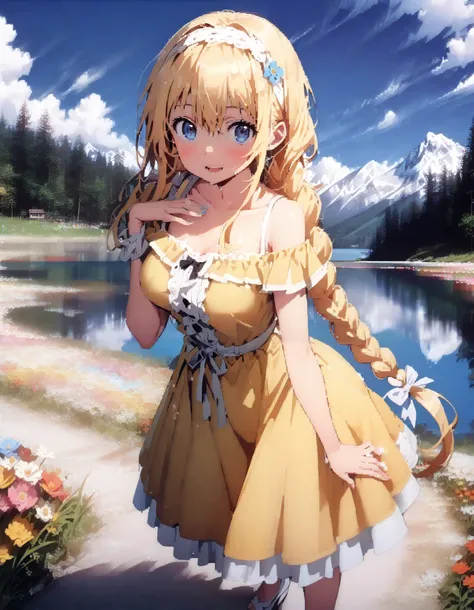  score_9,  score_8_ up the side,  score_7_ up the side,  source_Anime,
Alicesburg,  Alice Sberg , bangs,  blue eyes,   blond hair,  smile,blush, open your mouth, hair between eyes,  very long hair,  braided,  headband, white  headband,yellow off-the-should...