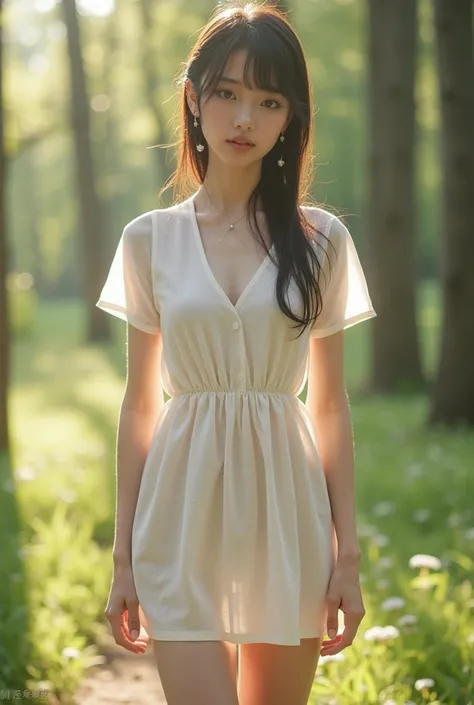 Photorealistic，Ultra high definition，Highest quality，Best Quality，8k，RAW Photos，Super detailed，Ultra-high resolution，(Amazingly cute Japanese real girl)，whole body，1 person，Facing forward，Early morning in the forest，Bright sunlight pours in，Backlight，White...