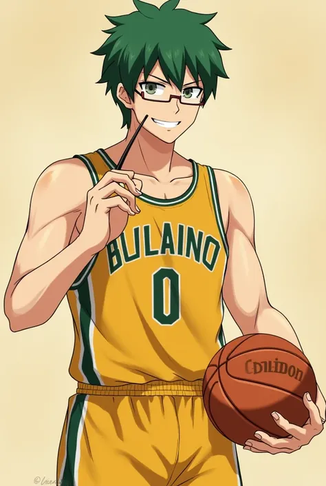 Play a Midorima Shintaro by Kuroko in the basketball anime just like the one in the animation. But may he be shirtless, holding the basketball with one hand and packing the glasses with the other, medium muscular body, And a faint little naughty smile.