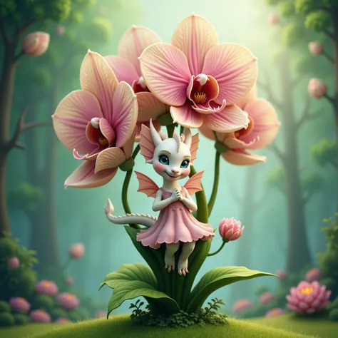 A giant orchid with several flowers grows on the lawn of the magical forest. In one of the flowers sits a cheerful, charming white dragon girl with wings and big blue eyes. She is wearing a spring dress. Mythical, magical 3D style.
