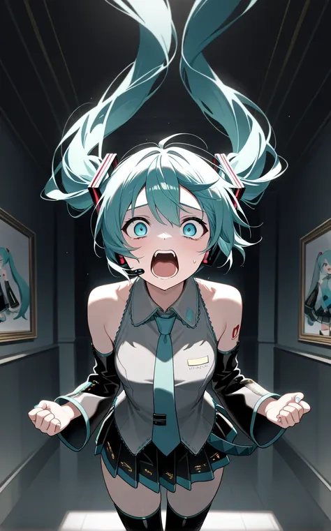 masterpiece, best quality, newest, absurdres, 1girl, solo, Hatsune Miku, collared shirt, grey shirt, aqua necktie, black detached sleeves, black skirt, black thighhighs, cowboy shot, standing, dynamic, looking at viewer, scared, screaming, indoors, museum