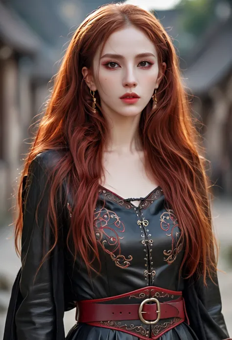  DARK DARK FANTASY  ,   WOMAN WITH WHITE SKIN AND LONG CRUST HAIR , Half-Elf, Around 30 years old、lips and nose  ,   pointed ears  , SHINY RED EARRINGS 、 long red mane  ,  very long hair  , Red curly hair , black eyes,     Straight Face   , BLACK LEATHER C...