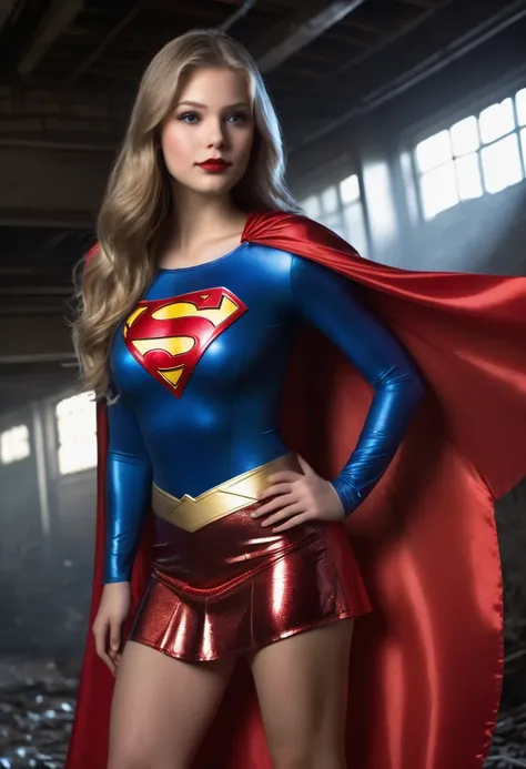  1 girl age14, cute young face, cute makeup, skinny curvy body, large breast, deep Cleavage, Best quality, masterpiece, ultra high res, (photorealistic:1.4) raw photo, wearing a shiny low-neck/low-cut metallic-latex Supergirl suit with Supergirl emblem, re...