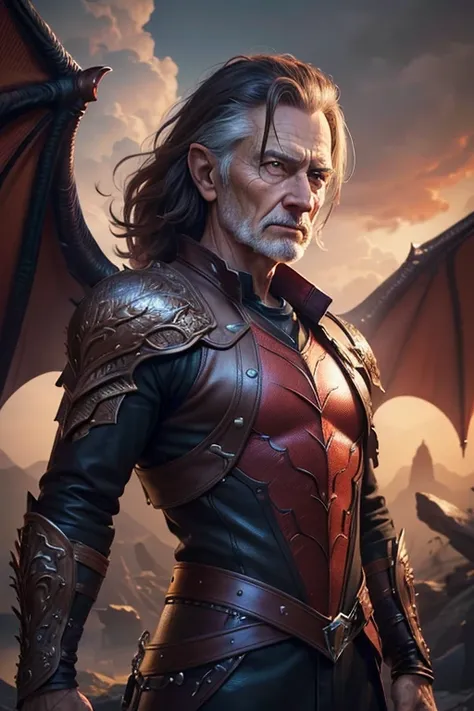 a 70-year-old male with brown hair, red eyes, red leathery dragon wings, detailed face, fantasy creature, dramatic lighting, cinematic composition, rich colors, digital art, concept art, vibrant, (best quality,4k,8k,highres,masterpiece:1.2),ultra-detailed,...