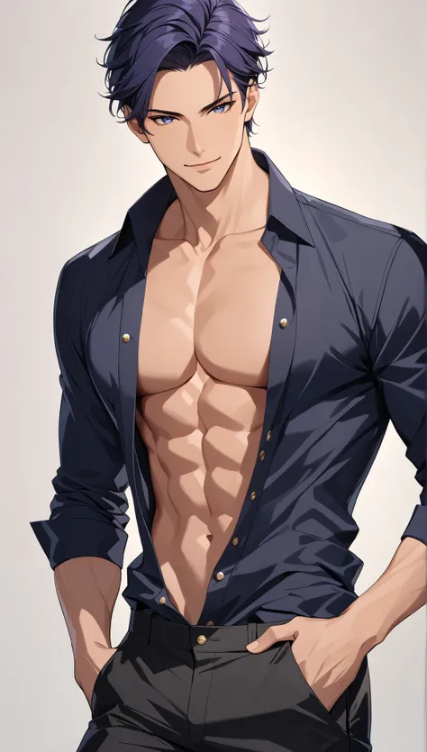 top quality Masterpiece high definition Masterpiece , navy hair man, navy Eyes man plain backround, no backround, white backround, male, mascular body , handsome, ikemen, black shirt, partly unbottoned, black pants, smirk, tan skin