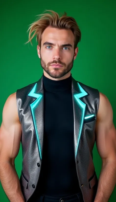 Ultra-realistic front-facing portrait of a pale, athletic man with windswept burnt-blonde hair and smoldering blue eyes. He wears a sleeveless holographic blazer (shifting silver-blue patterns) over a high-neck black bodysuit, fully covering his chest. The...