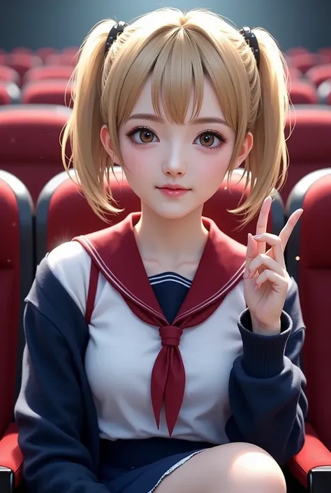 （ blond、Himiko toga、White uniform shirt、  navy blue uniform skirt 、 cardigan with hands、 red scarf、 Dark Eye Shadow 、Pants、 twin tails、Bunbashira、 thin eyebrows、 Black Sox、 black loafers））、nsfw、 Masterpiece、最 high quality、 high quality、grow up、 Beautiful F...