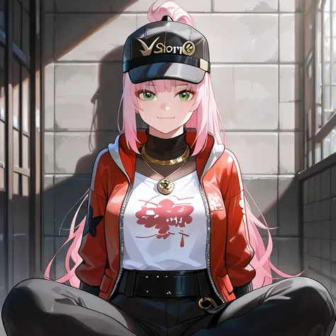 strong white woman with long straight pink hair tied back, Black sport cap with red details, green eyes and a slightly square shaped face, light smile, red jacket large and White long t-shirt and dark black bodystocking cropt a golden necklace on neck and ...