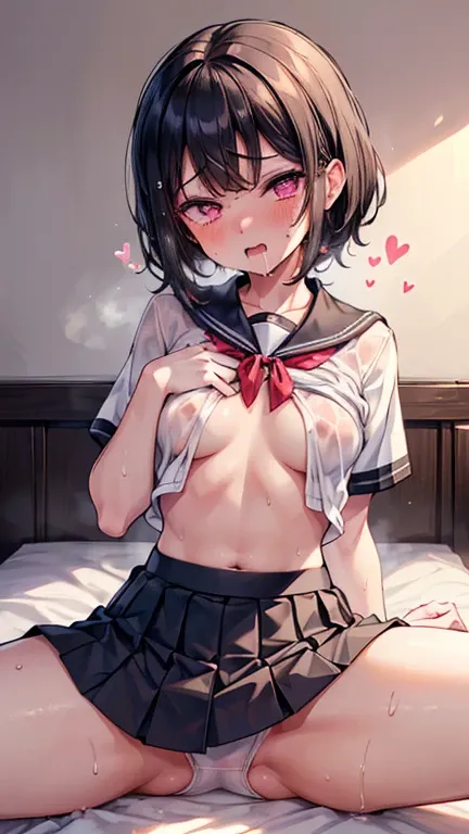     black hair   ,     Shortcut Hairstyles,(((hot, sweated,)), See-through clothing、((( bed、 Alone for Two ))), (( ahegao、 narrows eyes)),   pink eye of a heart , (  drool ,   moans).((sweaty white underwear ))、saliva,   heavy breathing, saliva糸引き, Red ear...