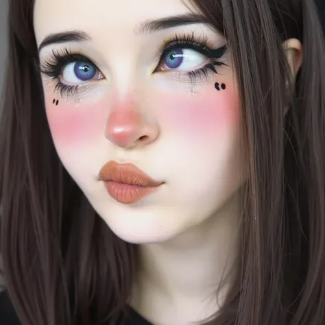 there is a woman with a pink face and black eyes, kawaii realistic portrait, realistic beautiful big eyes, spotted ultra realistic, super detailed face and eyes, pointed face and grey eyes, stunning anime face portrait, with gorgeous detailed eyes, detaile...