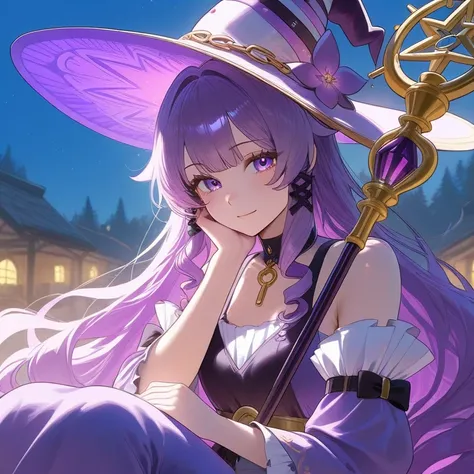 White woman bright purple eyes serius, a long curly dark purple hair and a lilac witch hat with cyan gens on the top, blue and gold barrette, wearing a purple dress and black overcoat tanktop. she is in a Village and have purple stars around her self. mang...