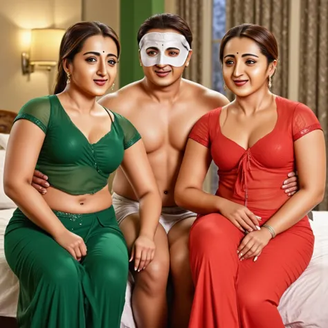 A masked man is sitting on the edge of bed wearing underwear, TrishaKrishnanFlux in traditional Indian Dress sitting on his right lap, AnushkaShettyFlux in traditional Indian Dress sitting on his left lap, Man wrapped his hands around thier waists.