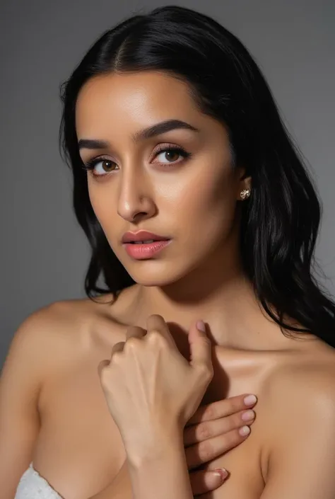 (masterpiece, best quality:1.2), 1girl, solo, Shraddha,1girl, asymmetrical hair, black hair, brown eyes, closed mouth, collarbone, dress, earrings, forehead, grey background, pressing boobs nude body