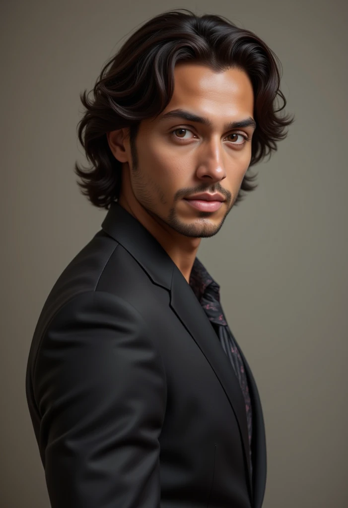 masterpeace,  High quality,  high resolution,  Realistic photo,  photograph )  a brown man,  medium wavy hair,  wearing dress ,  brown eyes, profile picture
