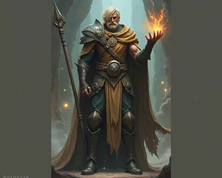 Human male wizard, quarterstaff in one hand, fire spell in the other, dirty blond hair 