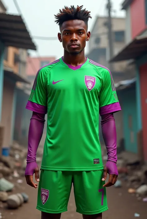 Create green soccer uniform with lilac with a slum in the background as a designer in the jersey 