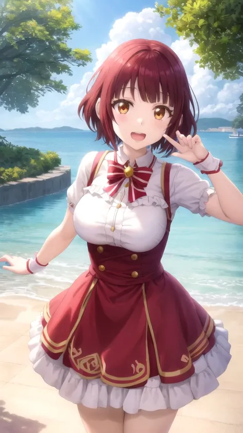 Masterpieces, Best Quality, girl, looking at viewer, Miyabi Itou, short hair, Brown hair, Brown Eyes, large breasts, princess connect Re:Dive cosplay, princess Dress, standing, smile, open mouth, outdoors 