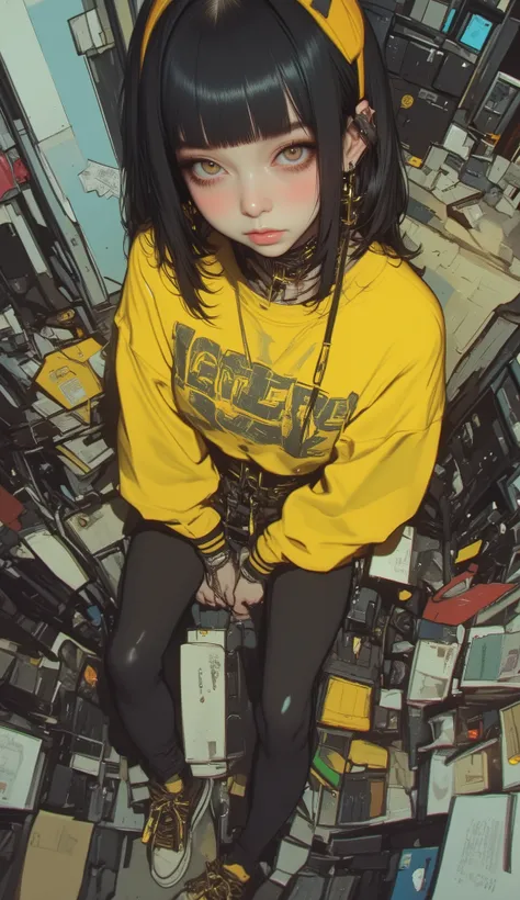  fisheye wide angle  ,   and the cropped yellow sweater  ,   fisheye wide angle  １ of Mori Gutterpunk women  ,   wearing leggings and trainers 、The expression and outfit are 、 evokes a pastel-core punk aesthetic with bold makeup and accessories,  high angl...