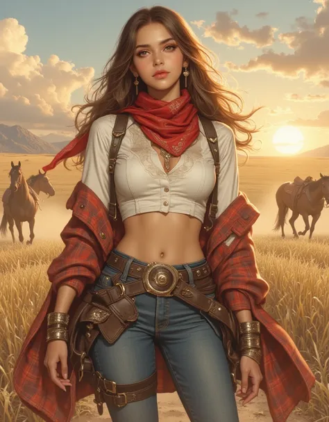 ((cowgirl)), long beautiful hair, ((under boob)), (white button up crop top), flannel, anime girl, ((small boobs)) dusty, farm, epic clouds, back lit, (beautifully detailed face), beautiful abs, dripping wet, (tall), (long torso), seductive clothes, seduct...