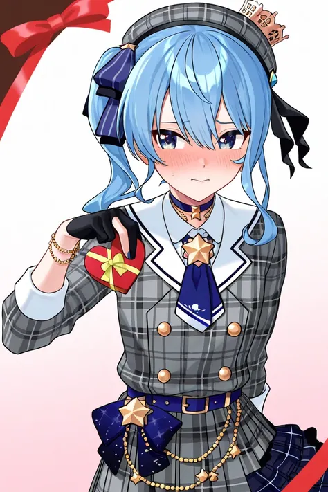 Hoshimachi Suisei, soro, 1  girl,  blue eyes, blue hair, hat, gray hat, plaid hat, side ponytail, ascot, long hair, gloves, black gloves, partially fingerless gloves, plaid pattern, choker, jewelry, double breasted, buttons, star(symbol), symbol in the eye...