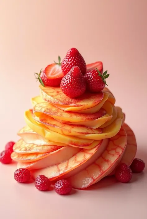  make a dessert with the following characteristics : with volume, texture, color orange with marbled red,  that is made of strawberries and peaches and that is of quality please 