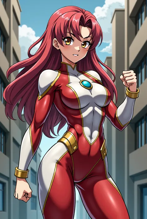 My Hero Academia Style , Anime girl, female, young female,muscular female,Full Body Shot,(fighting Pose:1.3),Long hair, Red Hair,  Brown Eyes,Hero Suit, Full Body Suit, red suit with white details,small round blue jewel in the center of the chest, perfect ...