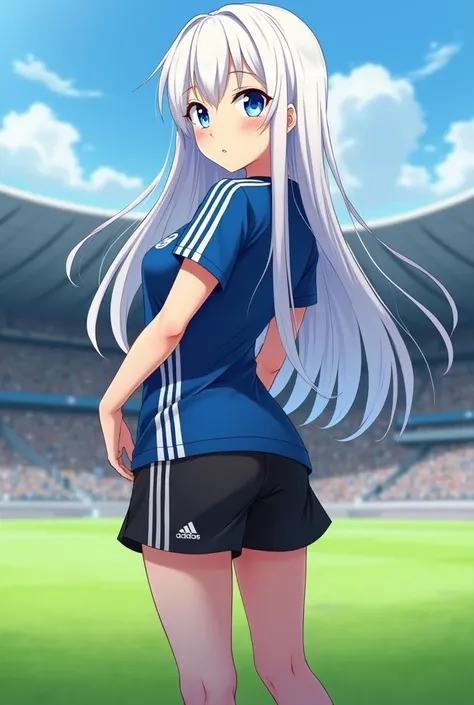 Anime young girl, blue eyes with White long hair and she is dressing black adidas shorts and Porto team shirt (football) and is not thin and not fat, she have big booty and really big booby, she is in a football yard