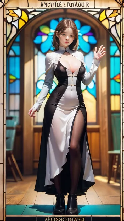 Emma Myers,  absurd,  top quality, 1 girl, Alone,  light brown hair,  ( Stained Glass Background ), (( art nouveau style poster)),  are standing、（Big Breasts、 with long hair ：3）、full body pantyhose、winter、butterfly々、