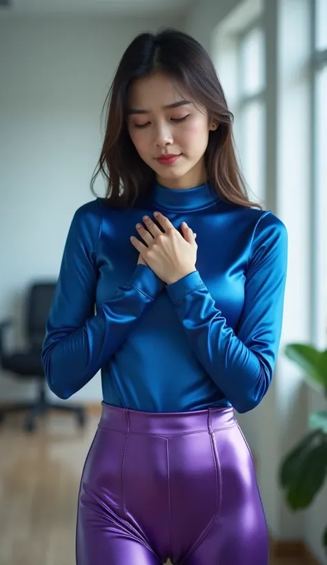 A beautiful korean girl, facial expression of pain with closed eyes, one hand clutching hard the chest, full body stand up position, in office room, blue skin-tight long-sleved satin shirt, metallic purple glossy shiny spandex leggings with belt loops, ski...