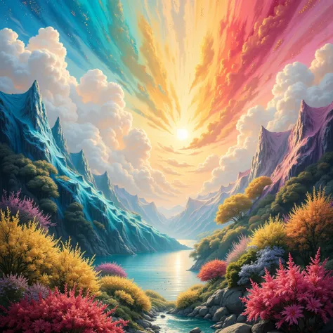 a highly detailed and intricate abstract landscape painting, oil painting, vibrant colors of blue, yellow, red, white, pink, cyan, green, with shimmering golden accents, radiant rays of light, sparkling and glimmering, symmetrical and meticulously detailed...