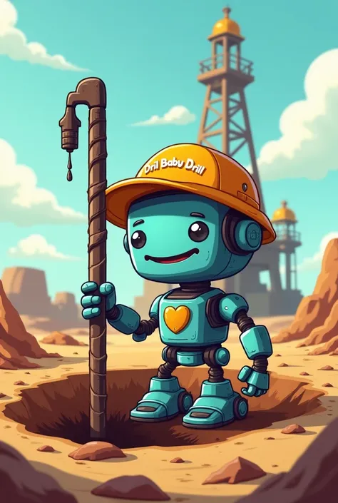 i want a cartoon robot drilling in the ground to find oil. the robot has a smiley face , and he's wearing a hat on which is written DRILL BABY DRILL DBD. I the background is a        drlling rig.