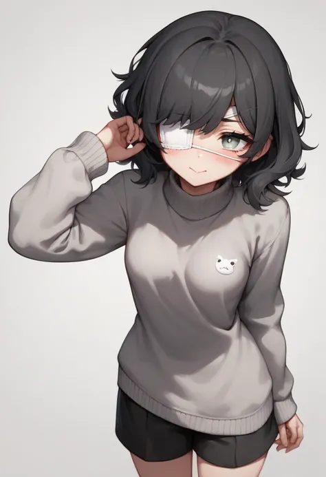 Score_9, score_8_up, score_7_up, source_anime, best quality, clear face,teen, cute shy 1girl, black hair,medium hair, gray eyes, small breasts, perfect body,standing , looking,cute slight smile sad, mouth, wearing gray oversized sweater, black shorts cute,...