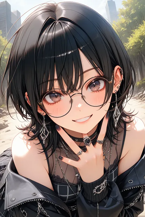  Masterpiece,   top quality,  Max Image Quality,  1 girl,  beautiful black hair,  wolf cut, The length of the hair that hangs on the shoulder, Earrings,  Rock Band Vocals ,  bandman, Glasses,  Rock Outfit, ring, ring, Earrings,  black jacket,  short skirt,...