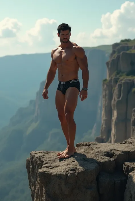  Make an image of a strong man,  black hair,  muscular ( Petter Mackenzie ) shirtless and with transparent underwear on a cliff 