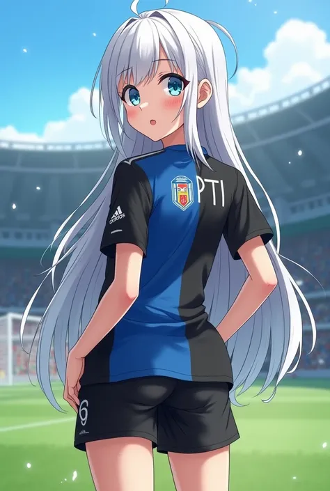 Anime young girl, blue eyes with White long hair and she is dressing black adidas shorts and Porto team shirt (football) and is not thin and not fat, she have giant booty and really big booby, she is in a football yard, she is hot, she is with a dildo in m...