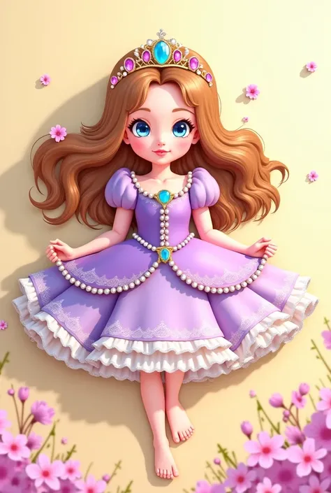 Anime styled image of a  princess girl, she is a beautiful young girl with fair skin, rosy cheeks, thin pink lips, light blue eyes, and shoulder-lenght wavy honey brown hair, she usually wears a princess gown of a lilac bodice trimmed in two lines of pearl...