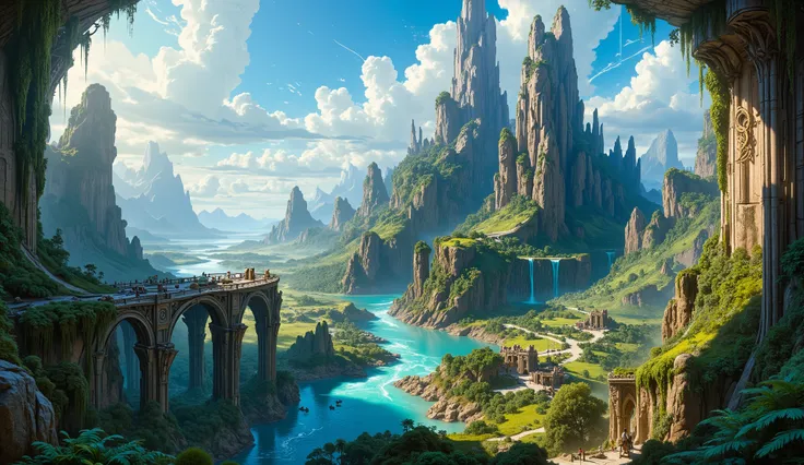  resolution 8k, surreal,  super detailed,  high quality,  Fantastic city , imposing arches and bridges , cascading waterfalls, ancient ruins,  lush vegetation , Winding river, blue skies with fluffy clouds ,  detailed stone structures , Picturesque landsca...