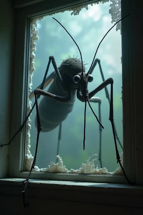 A Giant Mosquito . entering through a window .  That Has a Hole