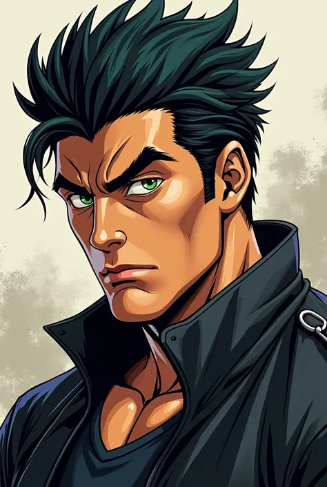 Create a biker man with black hair and green eyes but like in anime