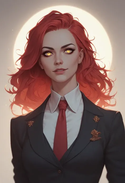  A young, charismatic woman with long red hair ,  mesmerizing yellow eyes and a subtle smile ,  wearing an elegant black suit with tie .  She is in a confident pose , with a dark and atmospheric background ,  suggesting a mysterious and authoritarian prese...