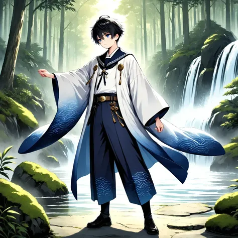 (masterpiece, best quality), 
1boy   ,Shinkai Nagi,full body,black short hair,blue eyes,haori with white to midnight blue gradient, wide kimono sleeves, gold seigaiha wave pattern near sleeve cuffs, furisode-style sleeves, sailor uniform, 
(navy jogger pan...