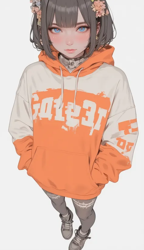 Fisheye Wide Angle  ,  off-white and orange hoodie  , Fisheye Wide Angle  １ of Mori Gutterpunk women  , Glowing Angel Ring 、 bangs with lots of flowers 、 wearing leggings and trainers 、 with white lettering put your hands in your pocket 、The expression and...