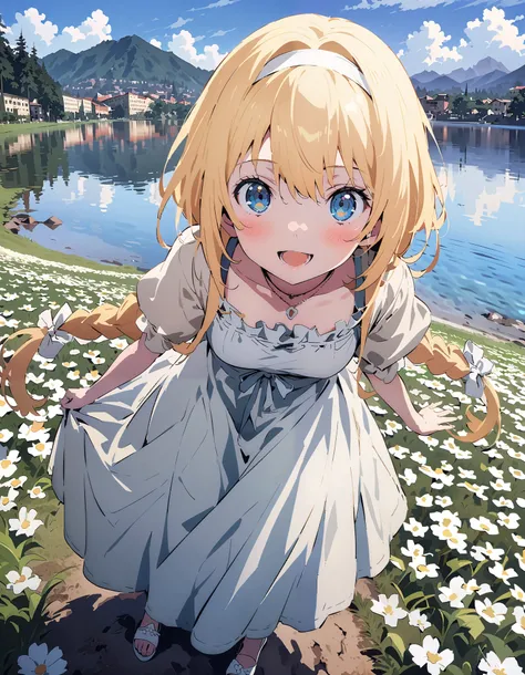 Alicesburg,  Alice Sberg , bangs,  blue eyes,   blond hair,  smile,blush, open your mouth, hair between eyes, Very long braids,  headband, white  headband,yellow off-the-shoulder dress,Medium breast, white long skirt, cute heeled sandals , are standing, Fl...