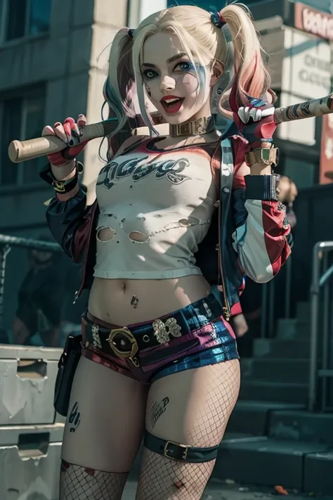 Harley Quinn,  1girl,  solo,  breasts,  smile,  open mouth,  blue eyes,  blonde hair,  shirt,  gloves,  twintails,  jewelry,  weapon,  pantyhose,  multicolored hair,  shorts,  belt,  fingerless gloves,  nail polish,  bracelet,  gun,  short shorts,  makeup,...