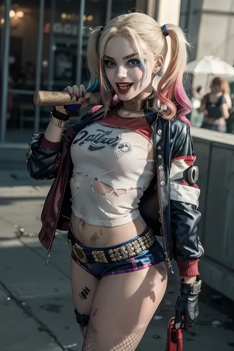 Harley Quinn,  1girl,  solo,  breasts,  smile,  open mouth,  blue eyes,  blonde hair,  shirt,  gloves,  twintails,  jewelry,  weapon,  pantyhose,  multicolored hair,  shorts,  belt,  fingerless gloves,  nail polish,  bracelet,  gun,  short shorts,  makeup,...