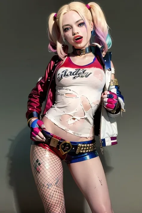 Harley Quinn,  1girl,  solo,  breasts,  smile,  open mouth,  blue eyes,  blonde hair,  shirt,  gloves,  twintails,  jewelry,  weapon,  pantyhose,  multicolored hair,  shorts,  belt,  fingerless gloves,  nail polish,  bracelet,  gun,  short shorts,  makeup,...