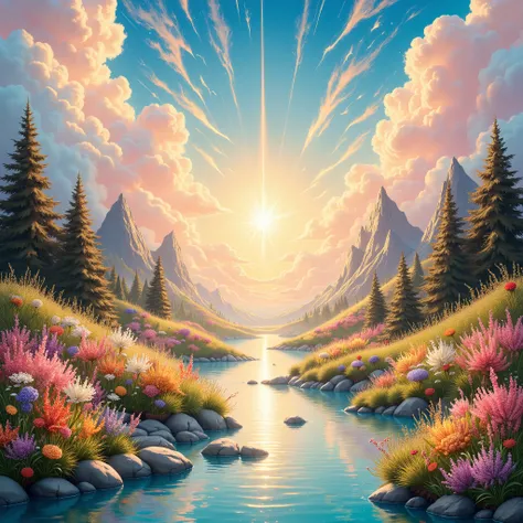 a highly detailed and intricate abstract landscape painting, oil painting, vibrant colors of blue, yellow, red, white, pink, cyan, green, with shimmering golden accents, radiant rays of light, sparkling and glimmering, symmetrical and meticulously detailed...